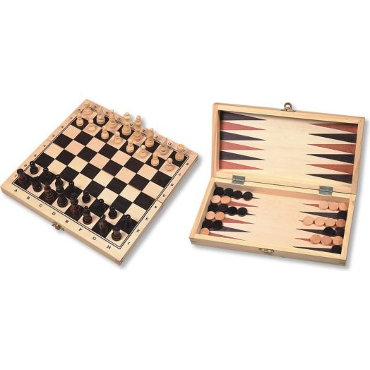 Mediniai šachmatai ir nardai dėžutėje 