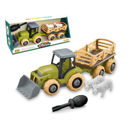 Konstruojamas žaislinis traktorius su atsuktuvu 
