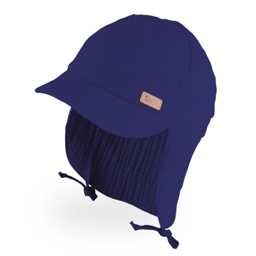 Ekologiškos medvilnės kepurė berniukui su raišteliais ir kaklo apsauga, mėlyna 