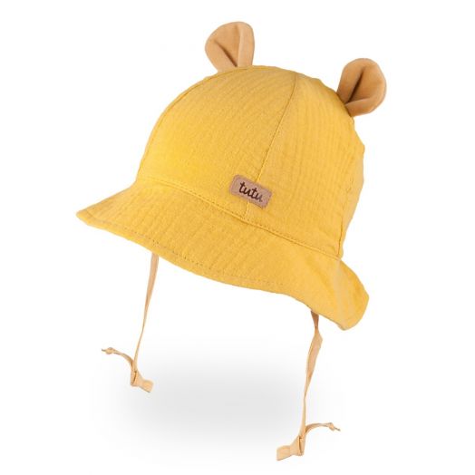 Ekologiškos medvilnės kepurė - panama su raišteliais, geltona