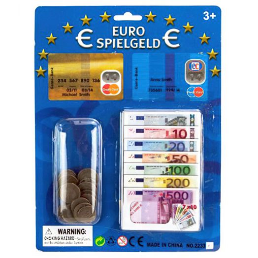 Žaisliniai pinigai eurai su mokėjimo kortelėmis 
