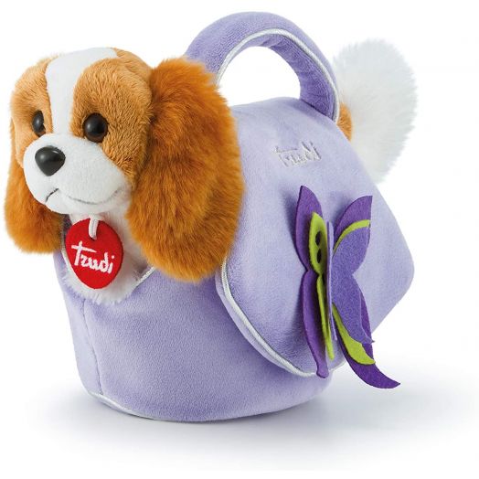 Pliušinis šuniukas violetiniame krepšelyje, Trudi 