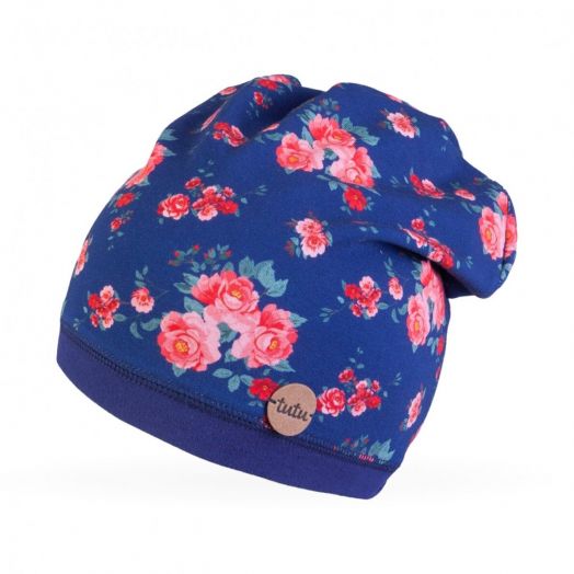 Dvipusė kepurė mergaitėms trikotažinė „Gėlytės”, mėlyna 