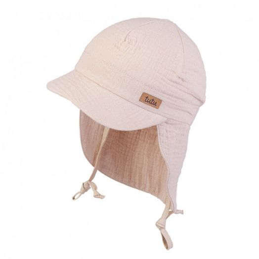 Ekologiškos medvilnės kepurė vaikams su raišteliais ir kaklo apsauga, šviesiai ruda 