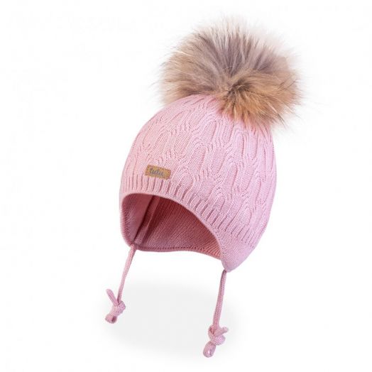 Merino vilnos kepurė mergaitei su raišteliais ir natūraliu bumbulu, rožinė 