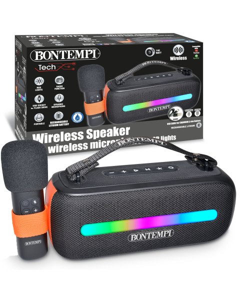 Nešiojama belaidė kolonėlė su karaoke mikrofonu ir RGB šviesomis, 30,5 cm, Bontempi