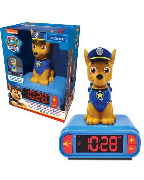 Vaikiškas laikrodis žadintuvas su 3D Chase figūrėle, naktine lempute ir garso efektais „Paw Patrol”
