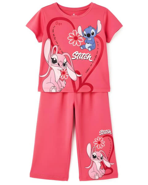 Komplektas mergaitei su mar&scaron;kinėliais ir platėjančiomis kelnėmis &bdquo;Stitch&rdquo; avietinis 