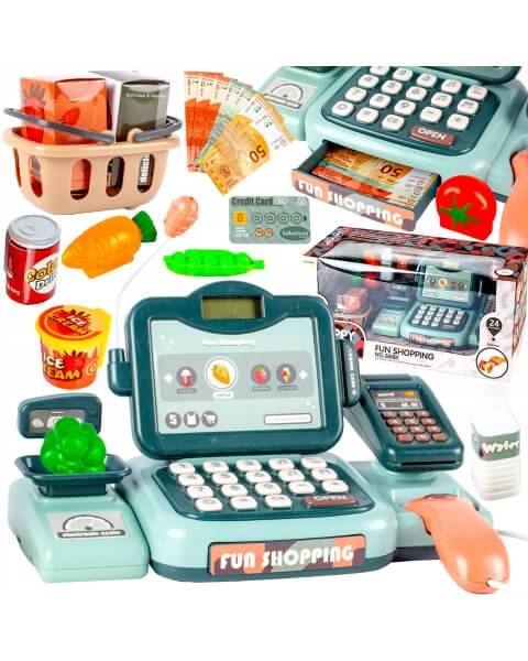 Žaislinis kasos aparatas su svarstyklėmis, mikrofonu, skaneriu ir prekėmis 