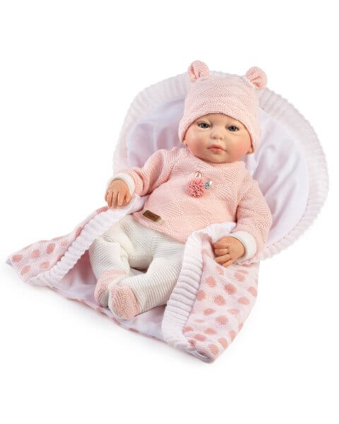 Guca Reborn lėlė kūdikis Lea su rožiniu rombų rašto megztiniu ir pledu, 38 cm
