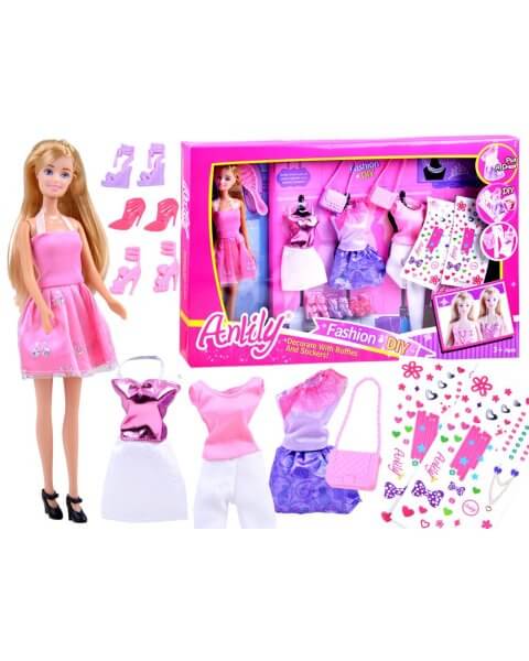 Lėlė su rūbų rinkiniu ir lipdukais, Anlily 