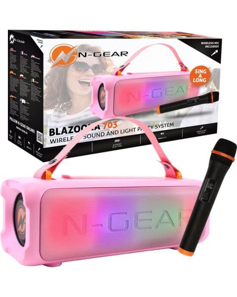 Ne&scaron;iojama karaoke Bluetooth kolonėlė su belaidžiu mikrofonu ir LED efektais &bdquo;Blazooka 703P&rdquo;, rožinė 