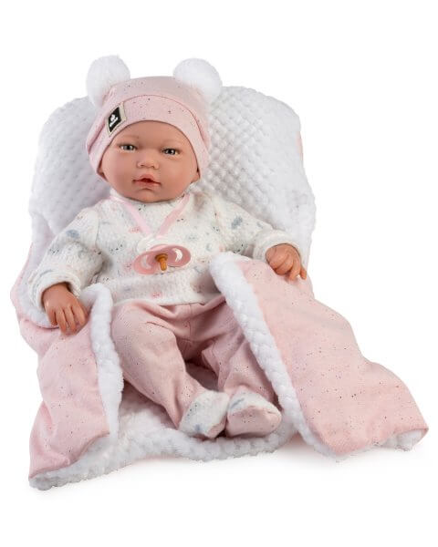 Guca lėlė kūdikis Gala su baltu megztuku, rožinėmis kelnėmis ir megztu pledu, 38 cm