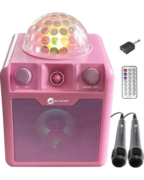 Karaoke Bluetooth kolonėlė su 2 mikrofonais ir disko &scaron;viesomis &bdquo;Party Box 410&rdquo;, rožinė 