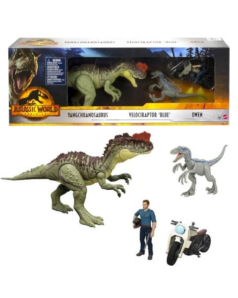 Žaislinių dinozaurų rinkinys su herojumi ir motociklu „Jurassic World”, HLP79