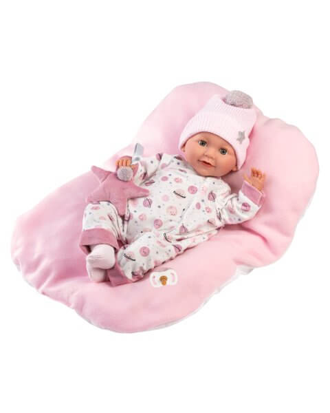LLORENS lėlė kūdikis Heidi su rožiniu kombinezonu, pagalvėle ir mink&scaron;tu žvaigždės formos žaisliuku, 42 cm 