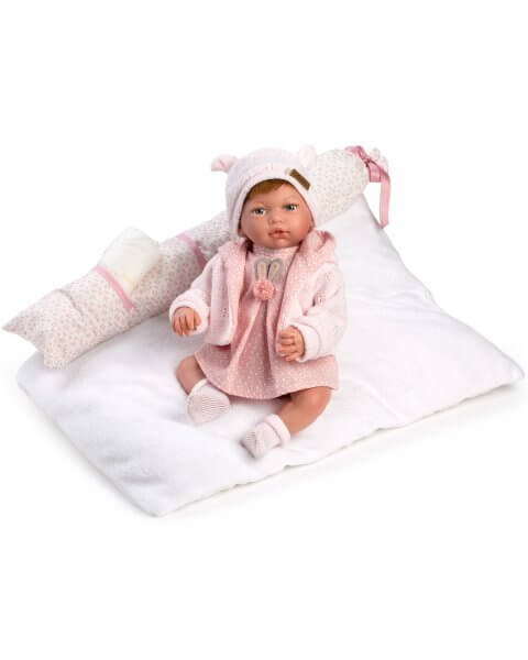 Guca Reborn lėlė kūdikis Daniela su tamsiais plaukais, rožine ta&scaron;kuota suknele ir megztuku, 38 cm 