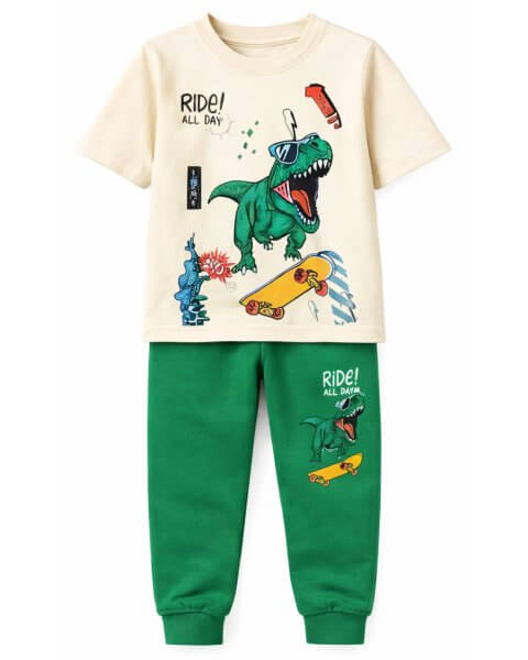Komplektas berniukui su mar&scaron;kinėliais ir kelnėmis &bdquo;Sporti&scaron;kas dinozauras&rdquo;, žalias 