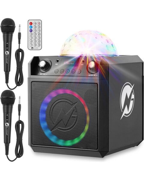 Karaoke Bluetooth 300W kolonėlė su 2 mikrofonais ir disko efektais &bdquo;Party Block 602XL&rdquo;, tamsiai pilka 