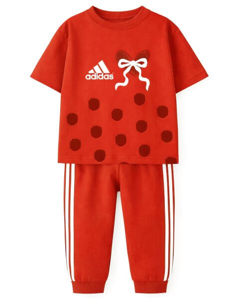 Komplektas mergaitei su mar&scaron;kinėliais ir kelnėmis &bdquo;Adidas: Bow Heart&rdquo;, &scaron;viesiai raudonas 